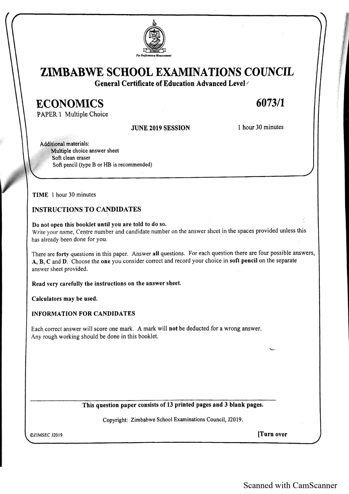 First page of ZIMSEC A-Level Economics Paper 1 June 2019 Question Paper