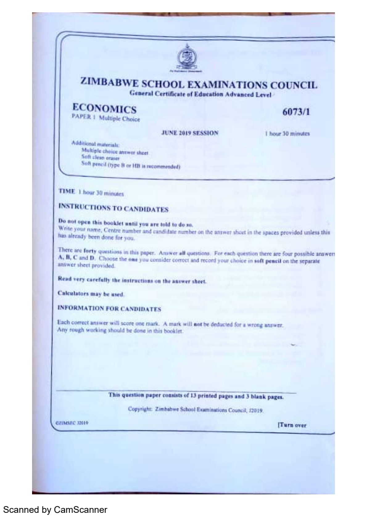 First page of ZIMSEC A-Level Economics Paper 1 June 2019 Question Paper