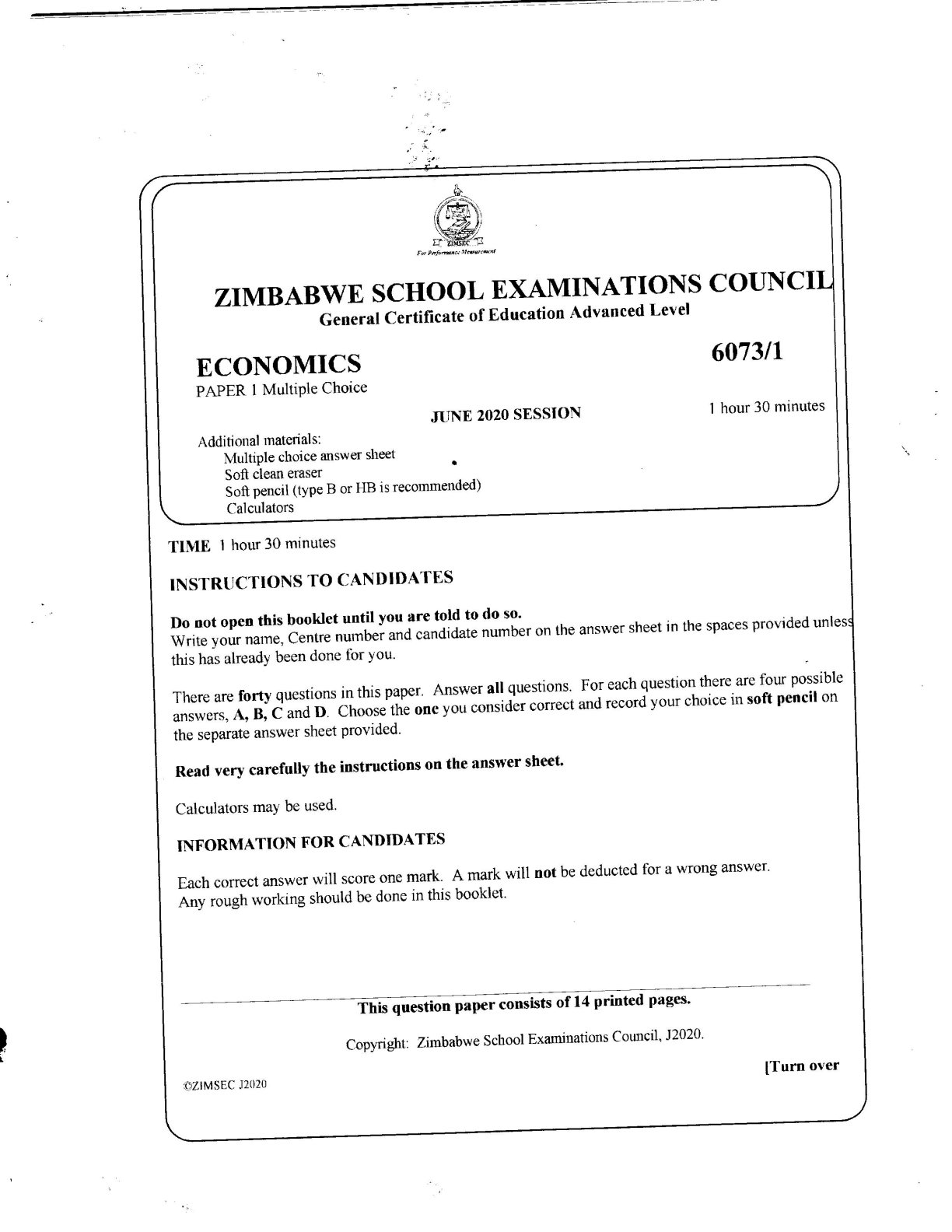 First page of ZIMSEC A-Level Economics Paper 1 June 2020 Question Paper