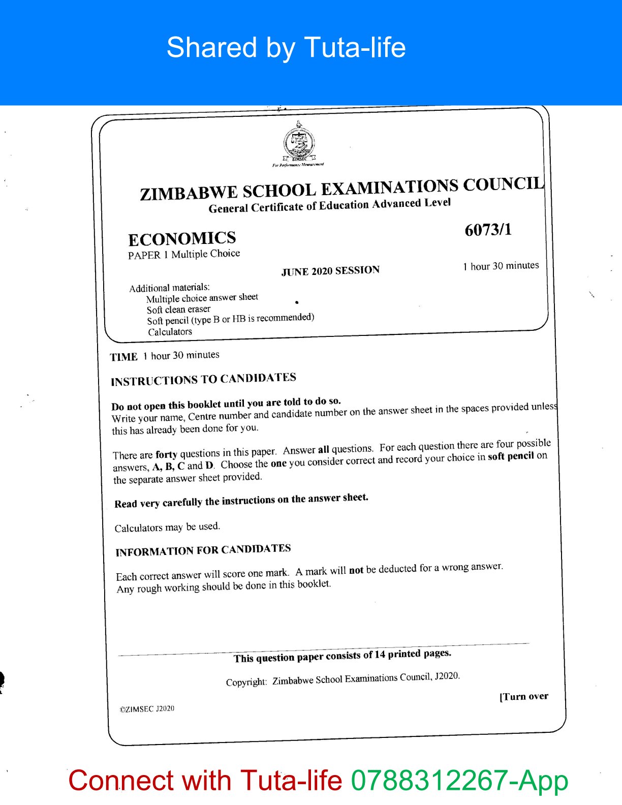 First page of ZIMSEC A-Level Economics Paper 1 June 2020 Question Paper