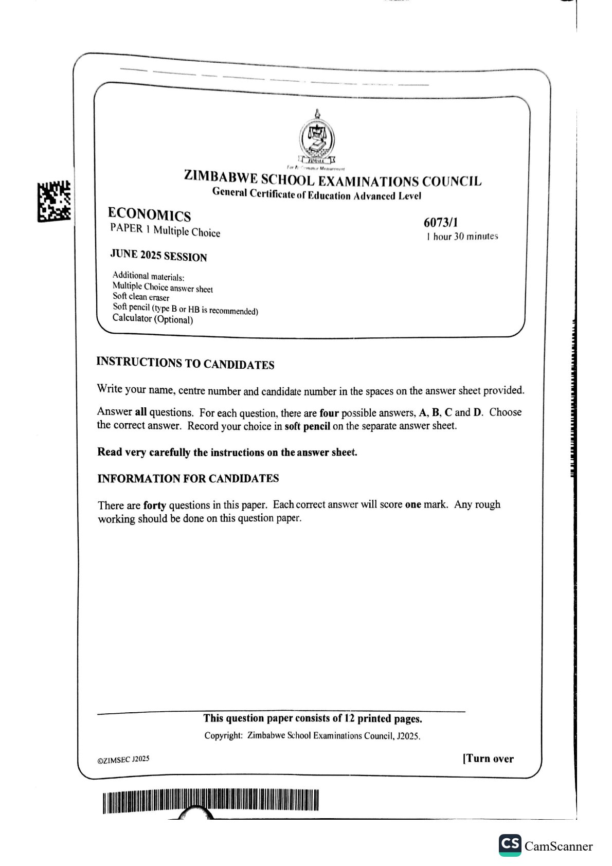First page of ZIMSEC A-Level Economics Paper 1 June 2025 Question Paper