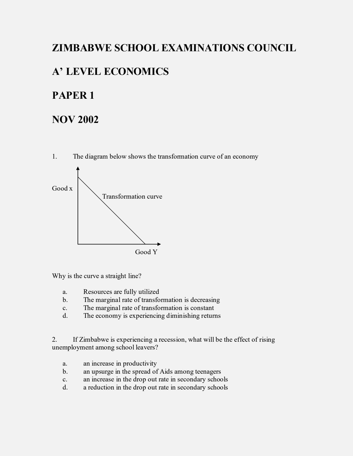 First page of ZIMSEC A-Level Economics Paper 1 November 2002 Question Paper