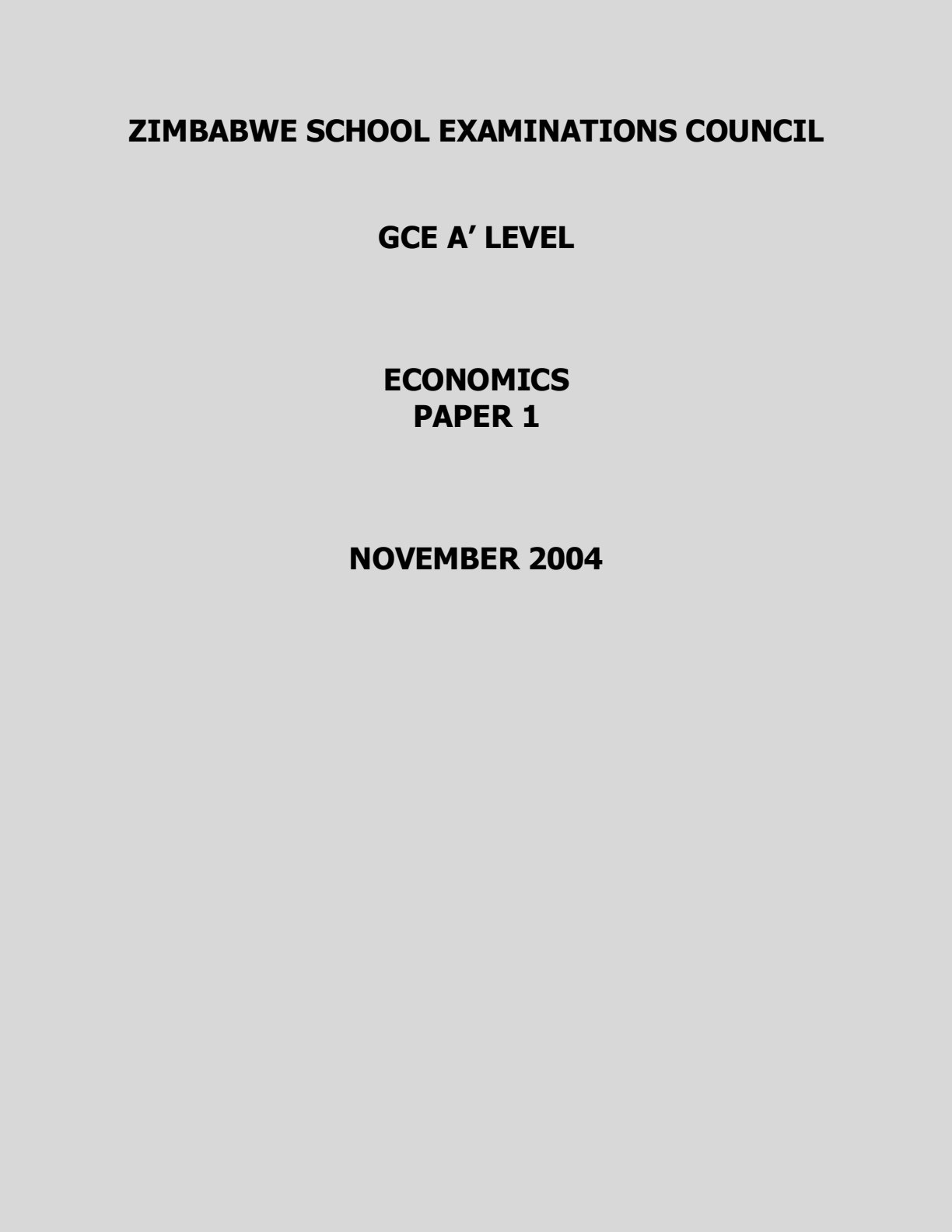 First page of ZIMSEC A-Level Economics Paper 1 November 2004 Question Paper