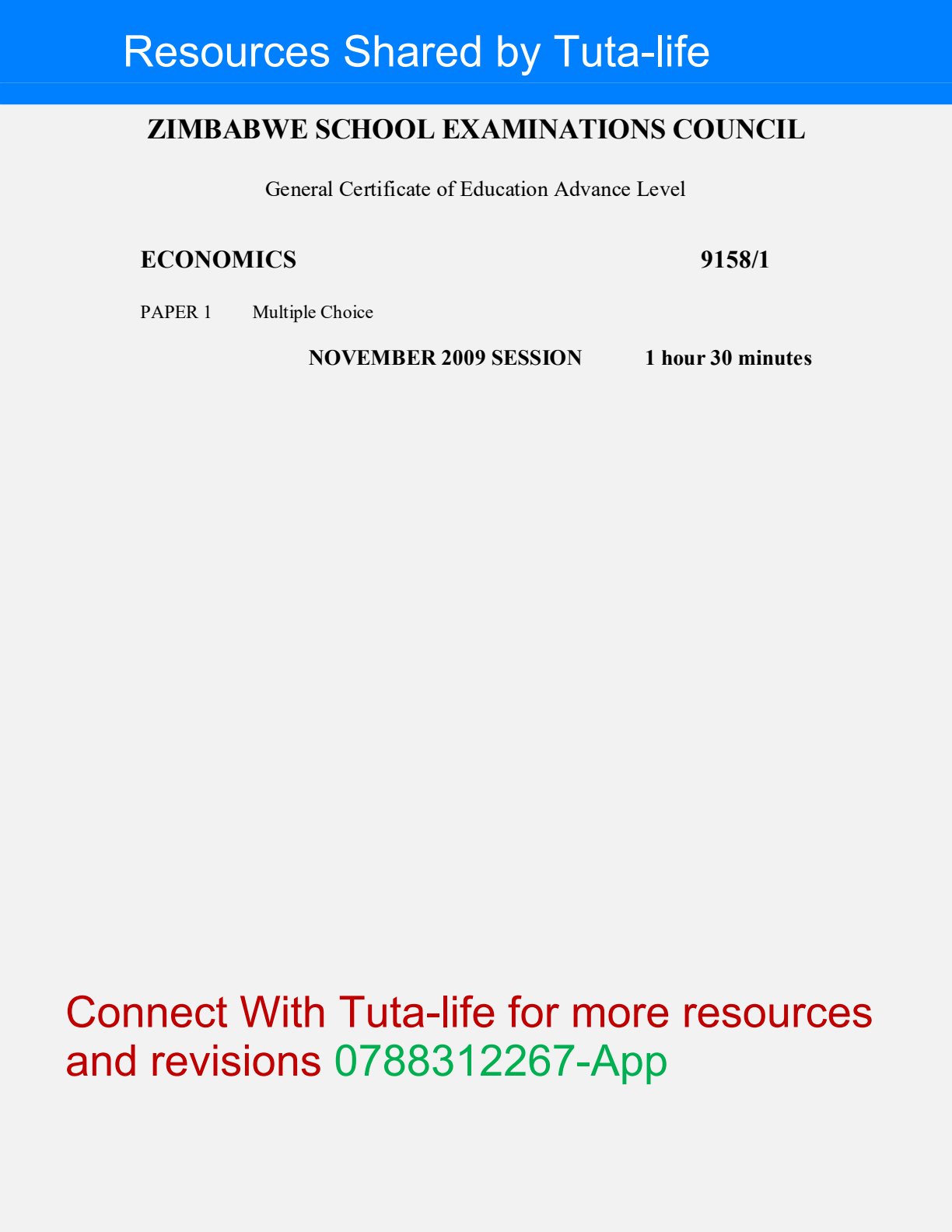 First page of ZIMSEC A-Level Economics Paper 1 November 2009 Question Paper