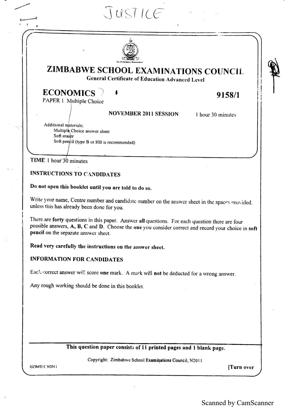 First page of ZIMSEC A-Level Economics Paper 1 November 2011 Question Paper