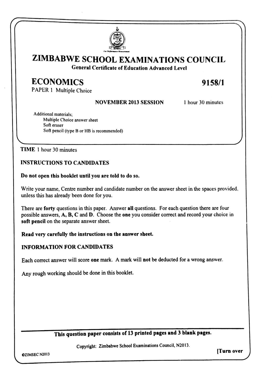 First page of ZIMSEC A-Level Economics Paper 1 November 2013 Question Paper