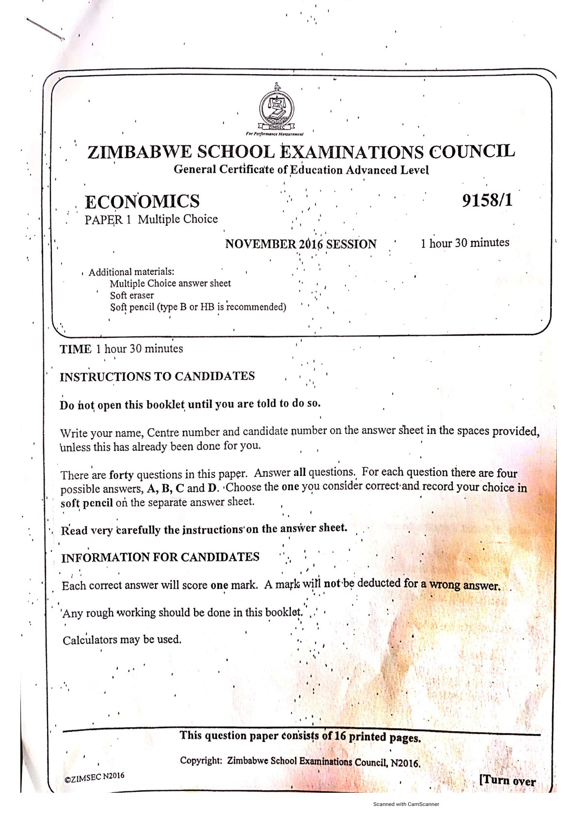 First page of ZIMSEC A-Level Economics Paper 1 November 2016 Question Paper