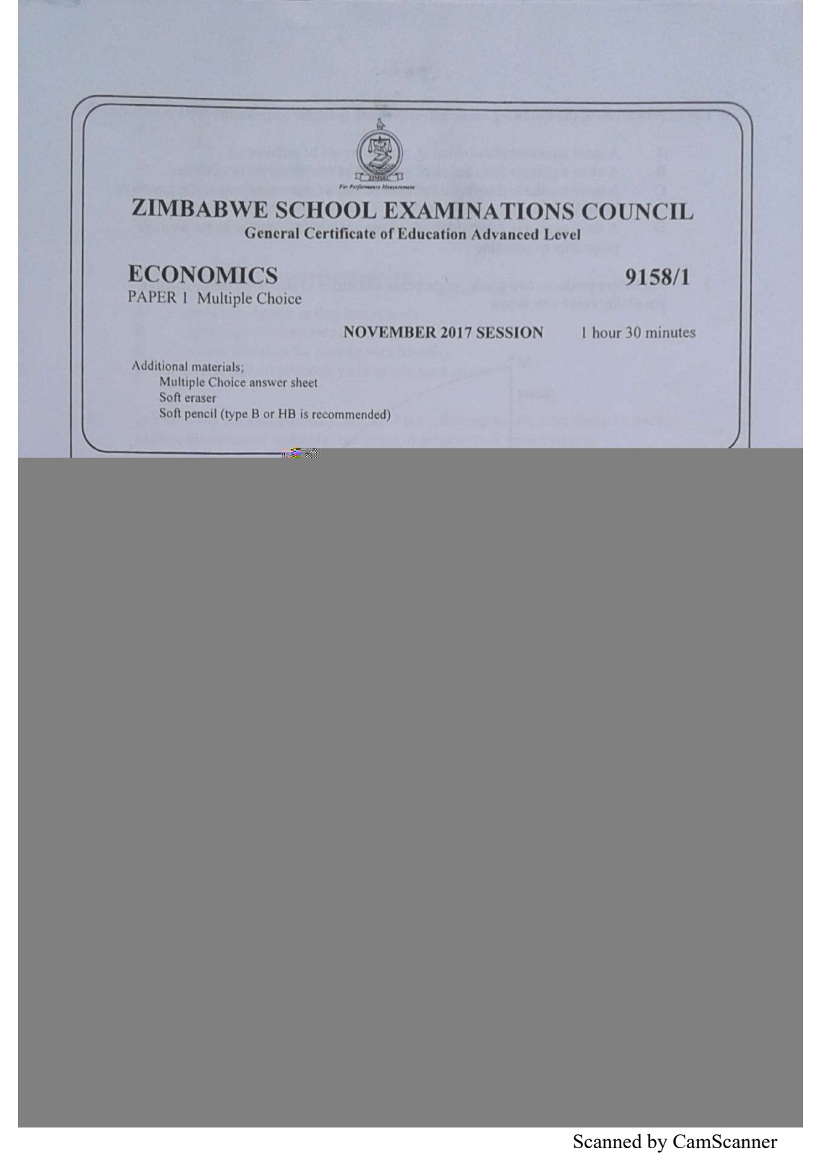 First page of ZIMSEC A-Level Economics Paper 1 November 2017 Question Paper