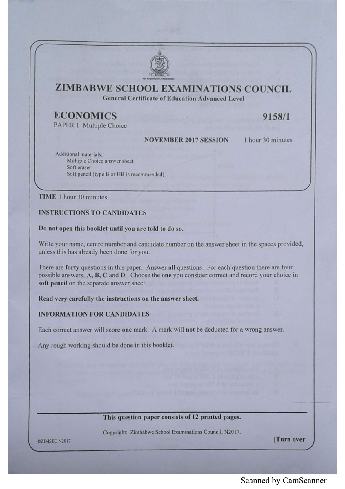 First page of ZIMSEC A-Level Economics Paper 1 November 2017 Question Paper