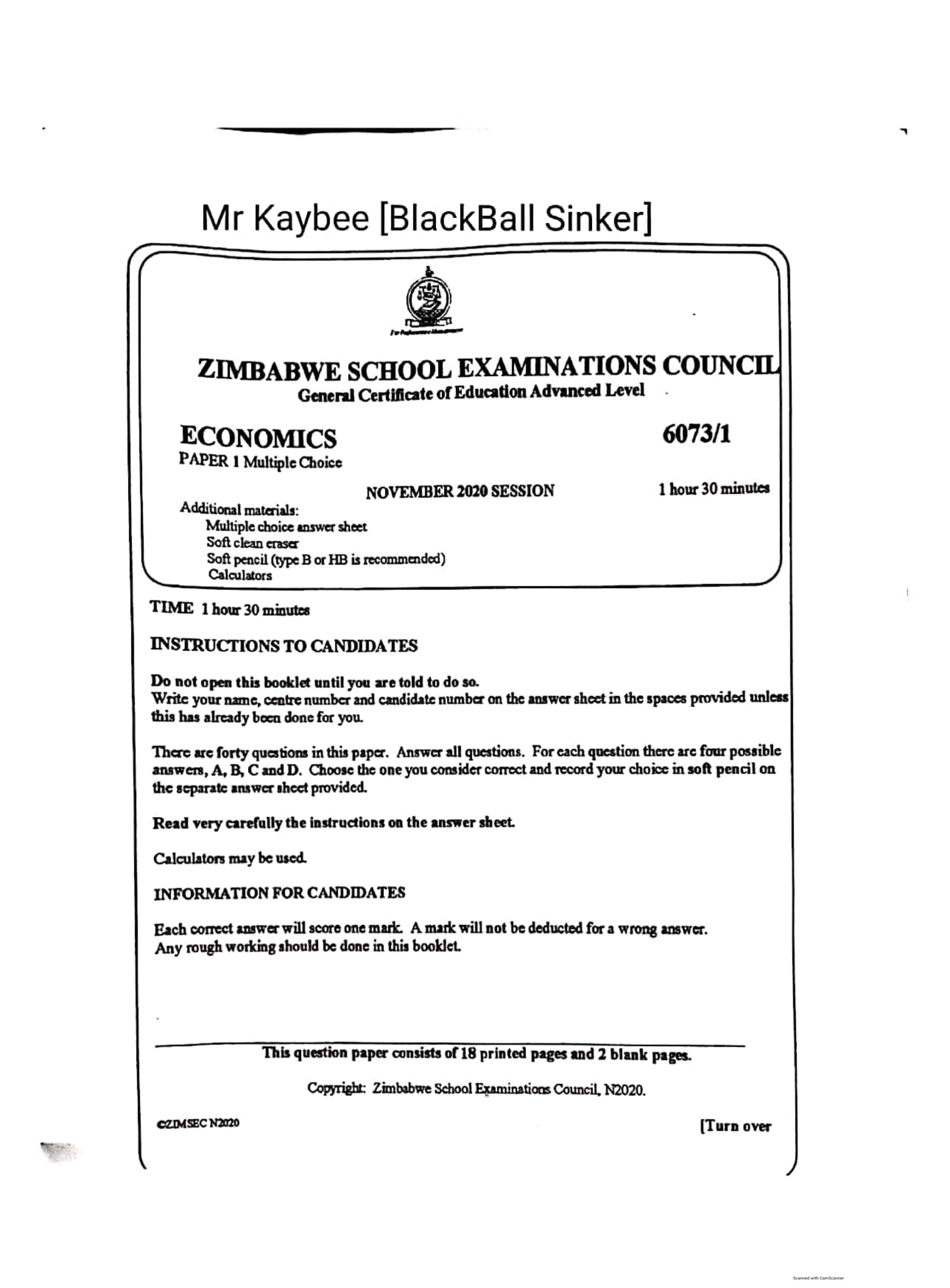 First page of ZIMSEC A-Level Economics Paper 1 November 2020 Question Paper