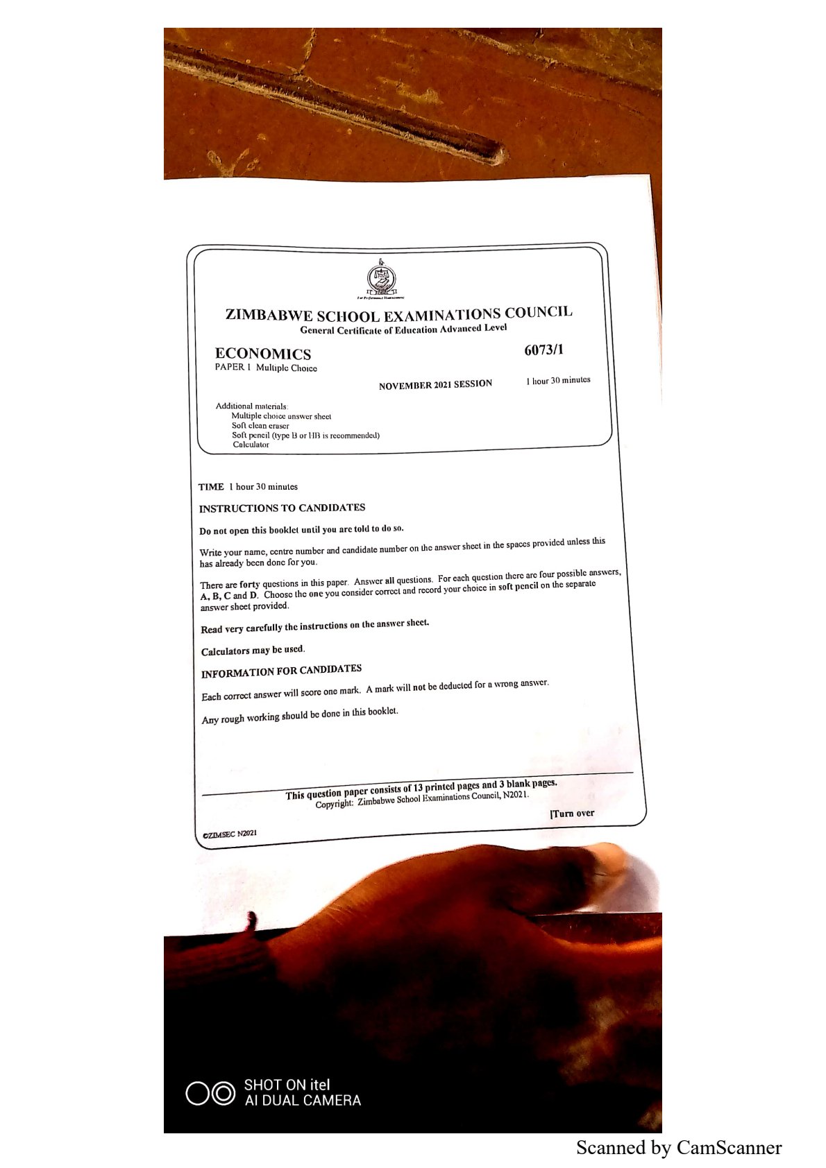 First page of ZIMSEC A-Level Economics Paper 1 November 2021 Question Paper