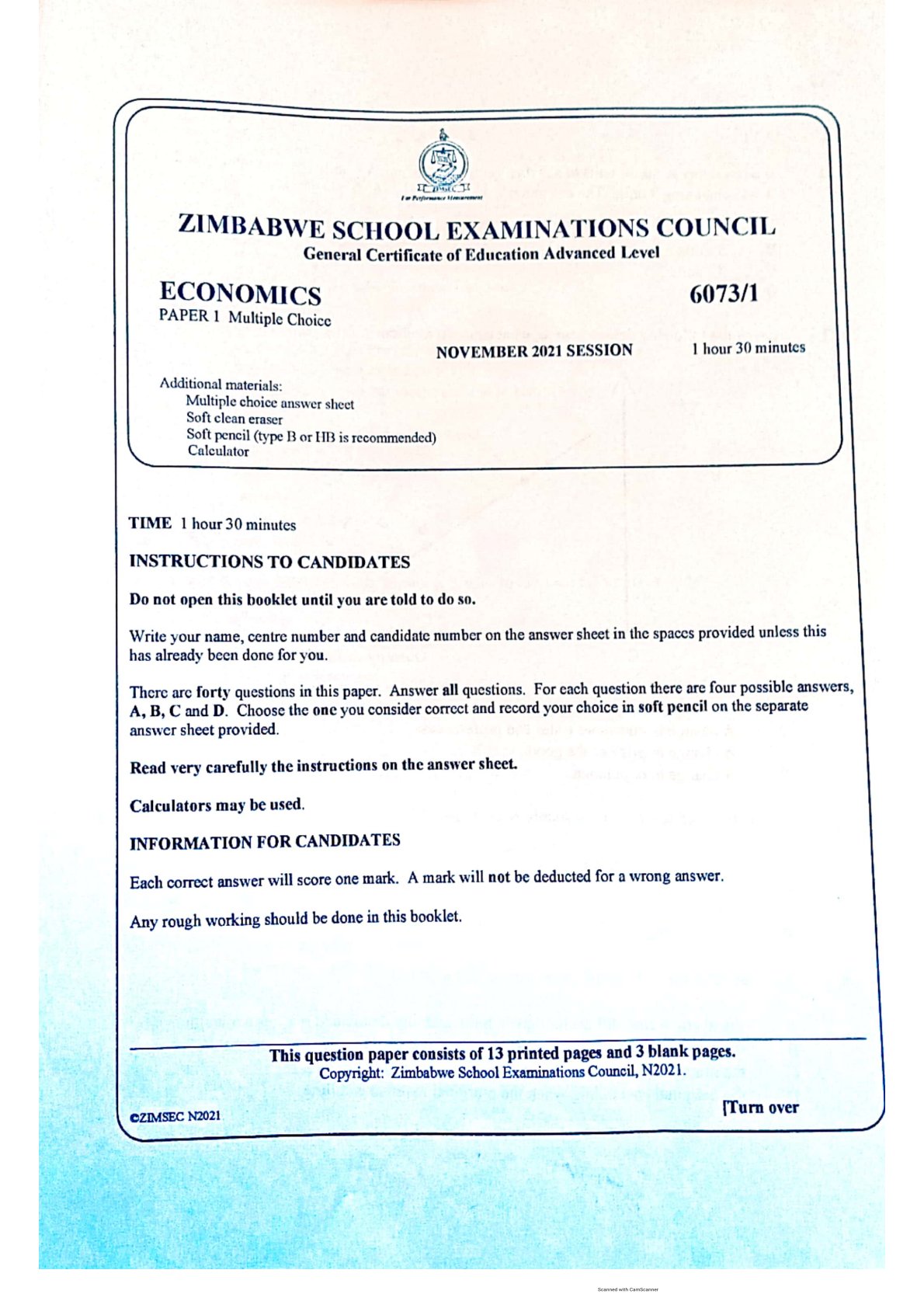 First page of ZIMSEC A-Level Economics Paper 1 November 2021 Question Paper