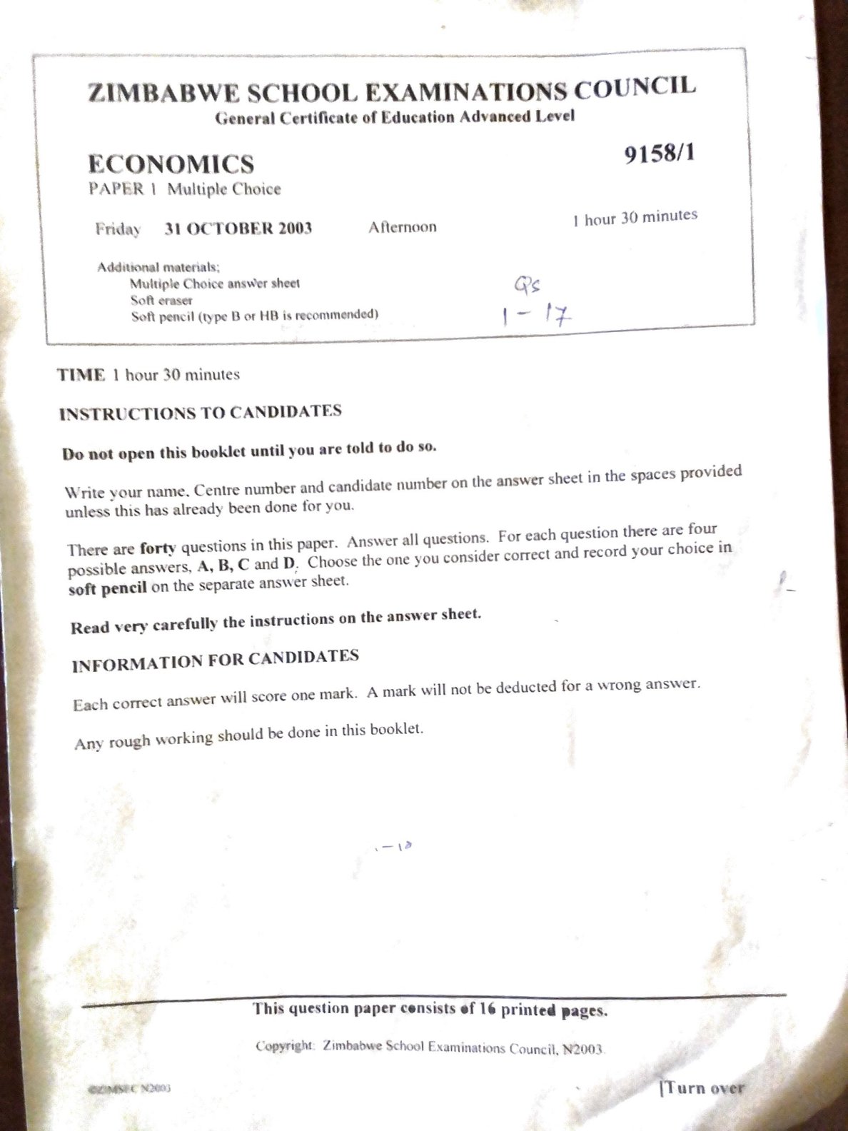 First page of ZIMSEC A-Level Economics Paper 1 October 2003 Question Paper