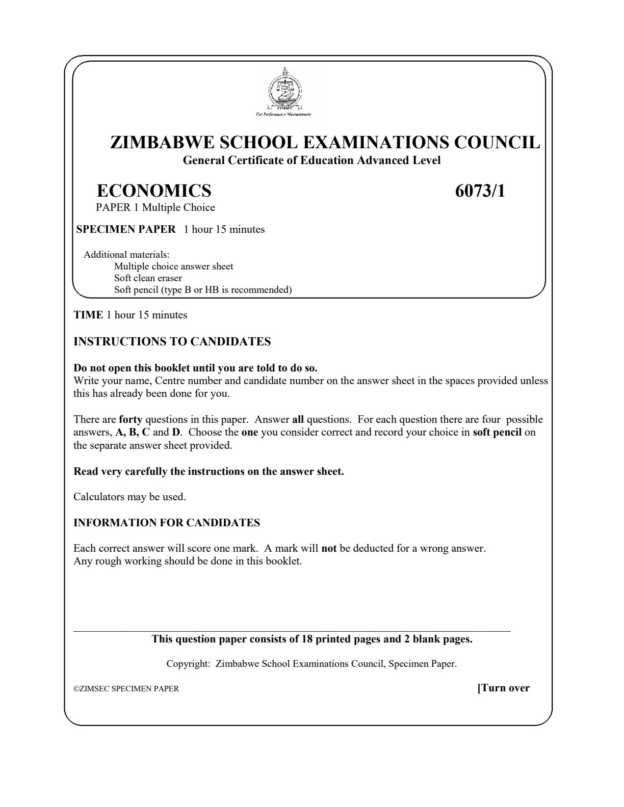 First page of ZIMSEC A-Level Economics Paper 1 Question Paper