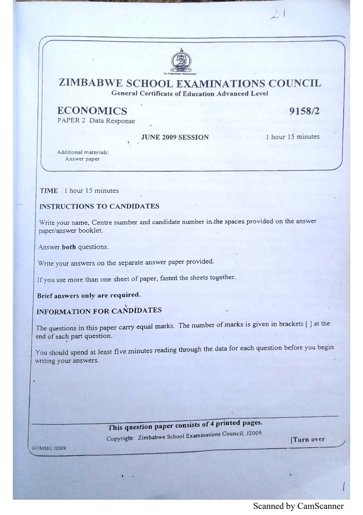 First page of ZIMSEC A-Level Economics Paper 2 June 2009 Question Paper