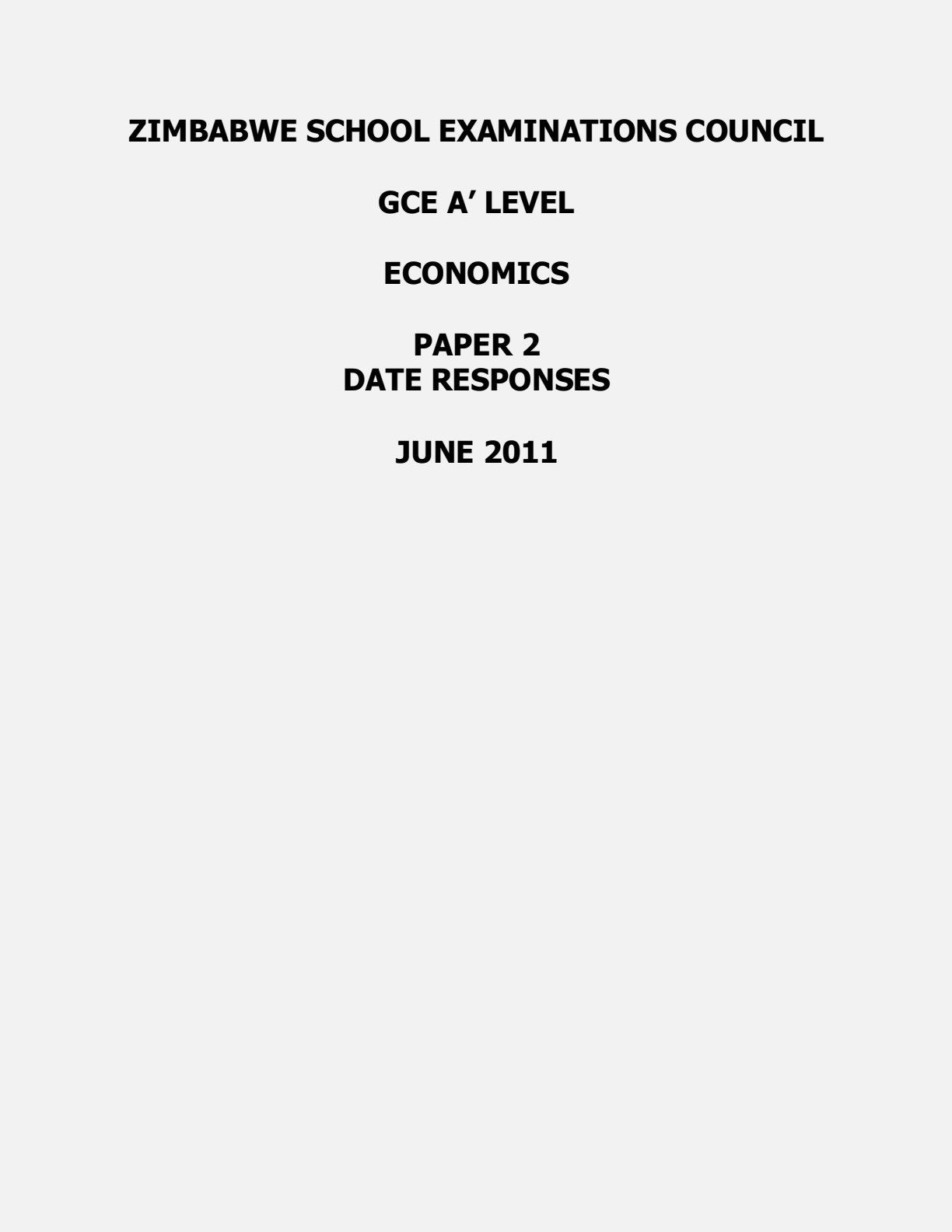 First page of ZIMSEC A-Level Economics Paper 2 June 2011 Question Paper