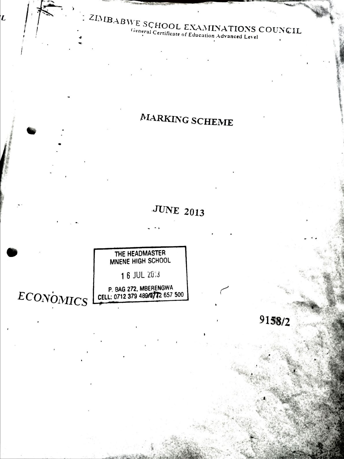 First page of ZIMSEC A-Level Economics Paper 2 June 2013 Marking Scheme
