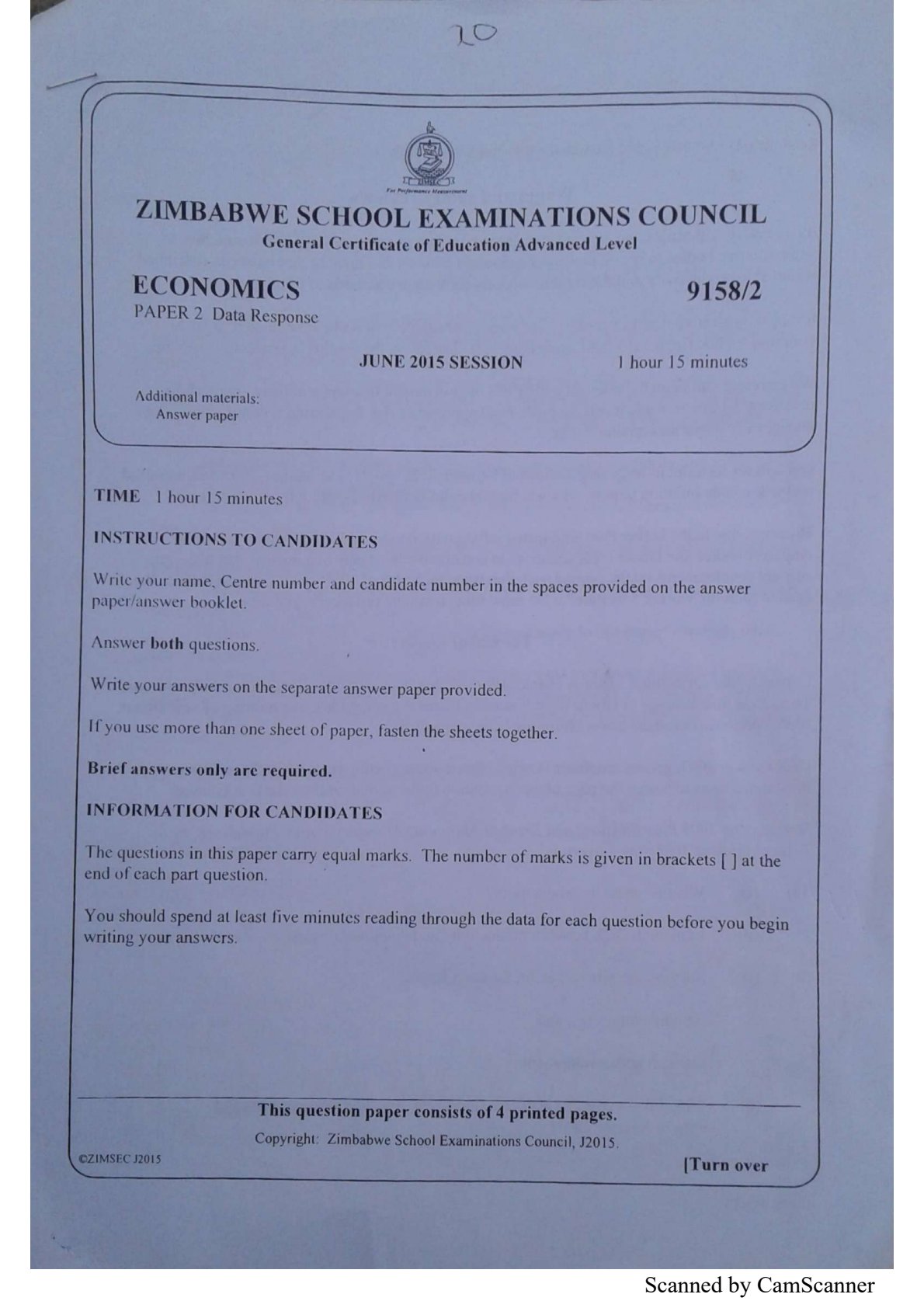 First page of ZIMSEC A-Level Economics Paper 2 June 2015 Question Paper