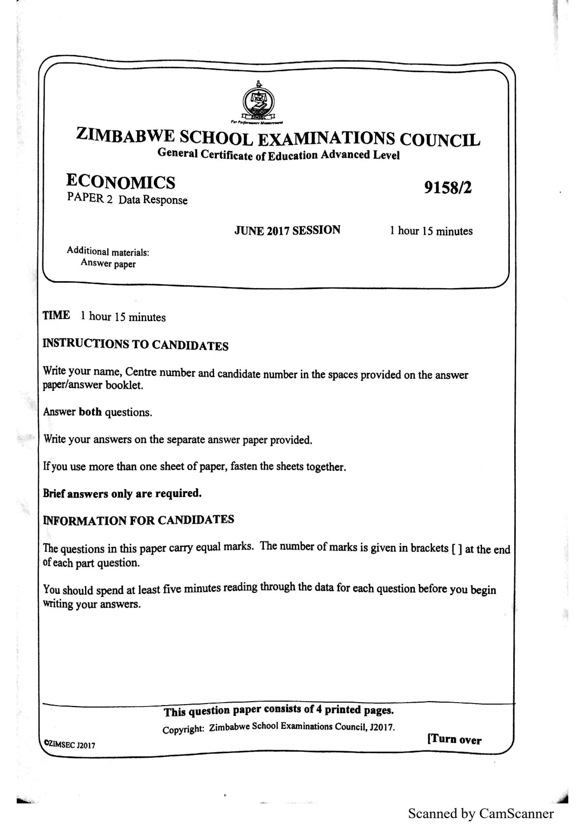 First page of ZIMSEC A-Level Economics Paper 2 June 2017 Question Paper