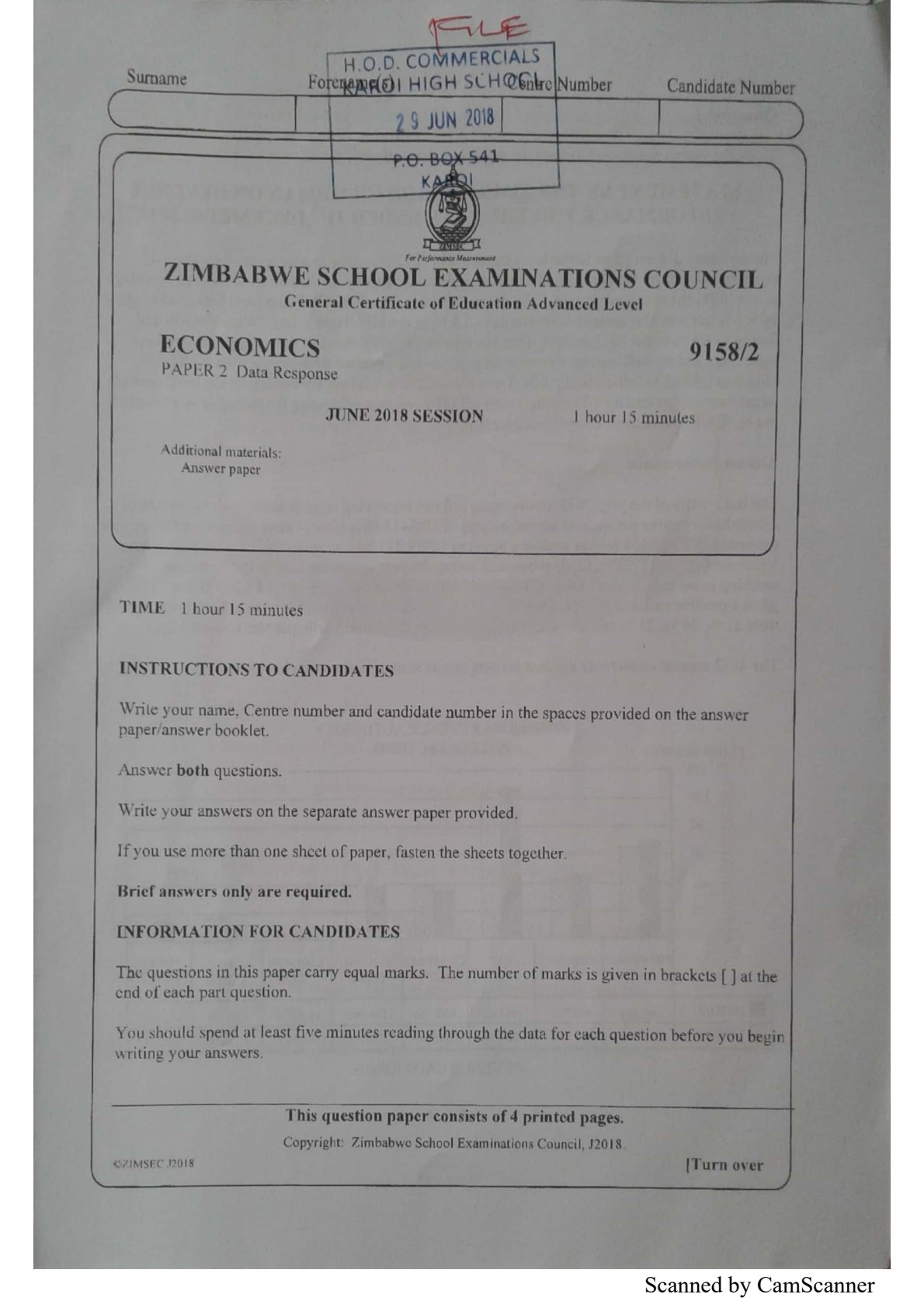 First page of ZIMSEC A-Level Economics Paper 2 June 2018 Question Paper