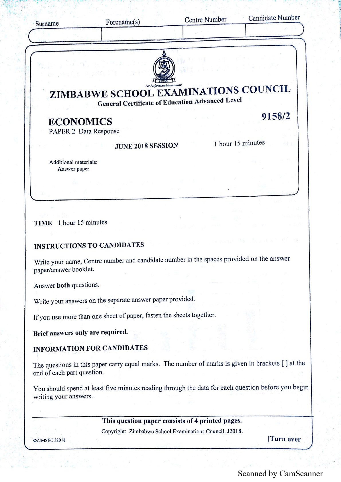 First page of ZIMSEC A-Level Economics Paper 2 June 2018 Question Paper