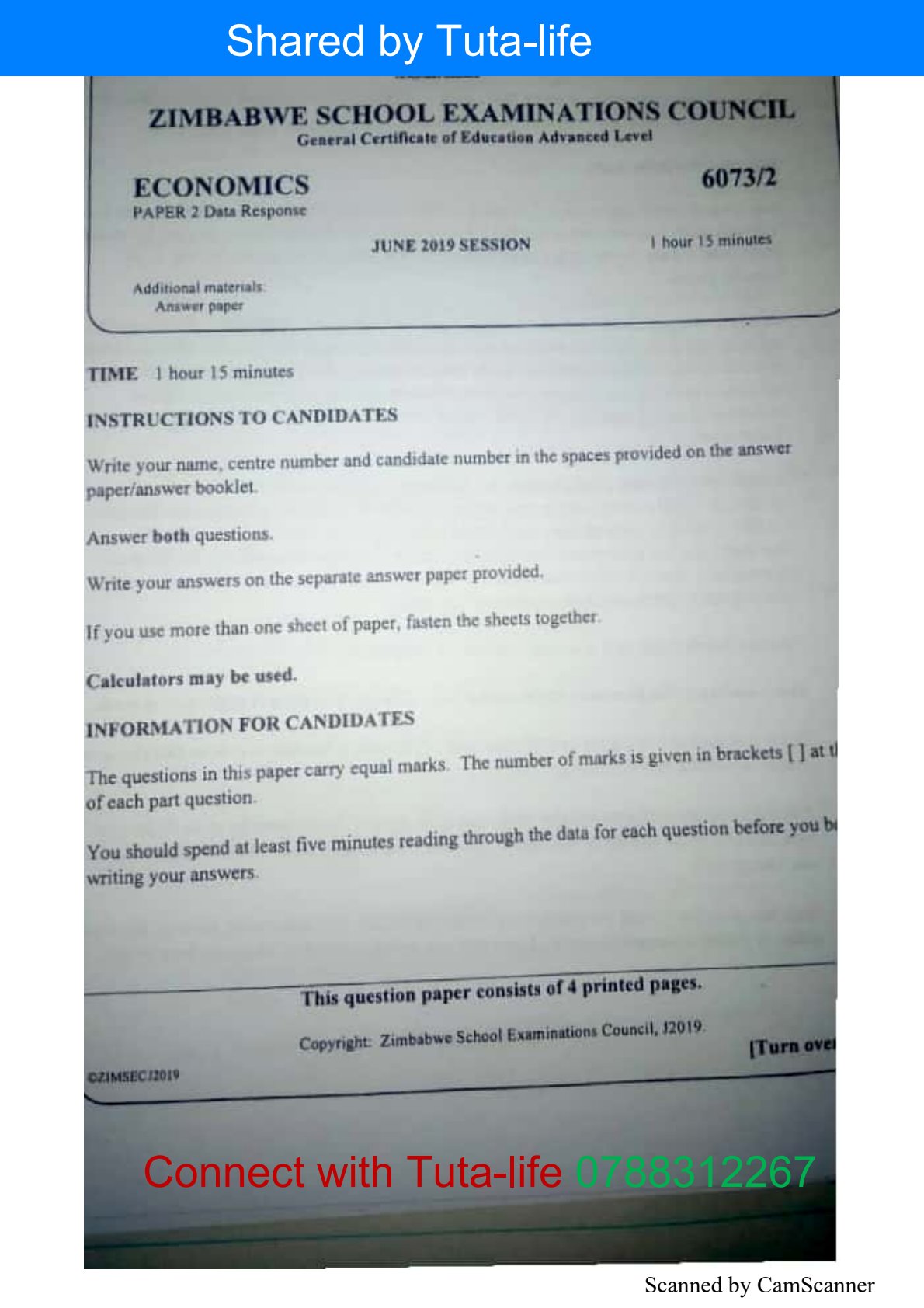 First page of ZIMSEC A-Level Economics Paper 2 June 2019 Question Paper