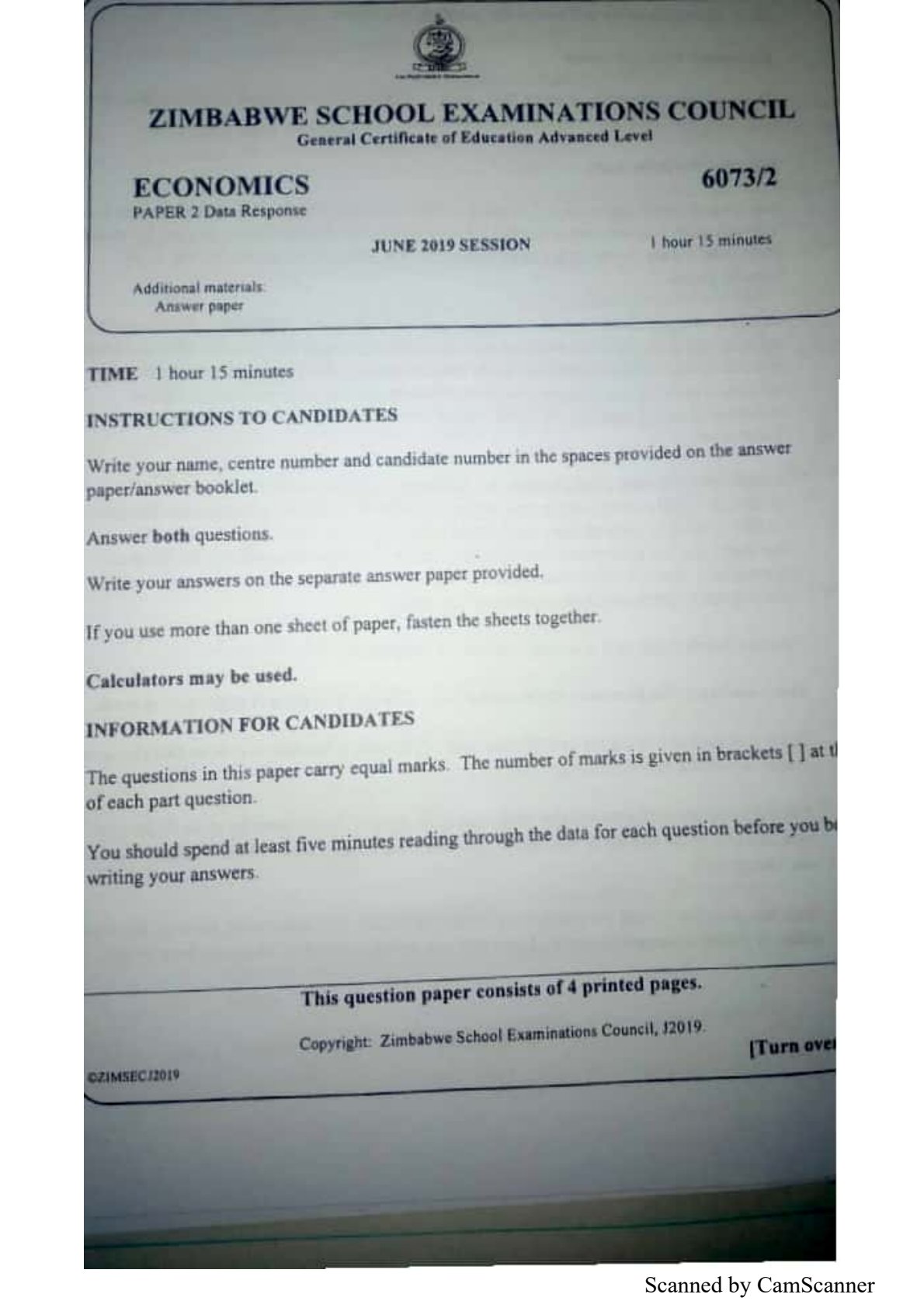 First page of ZIMSEC A-Level Economics Paper 2 June 2019 Question Paper