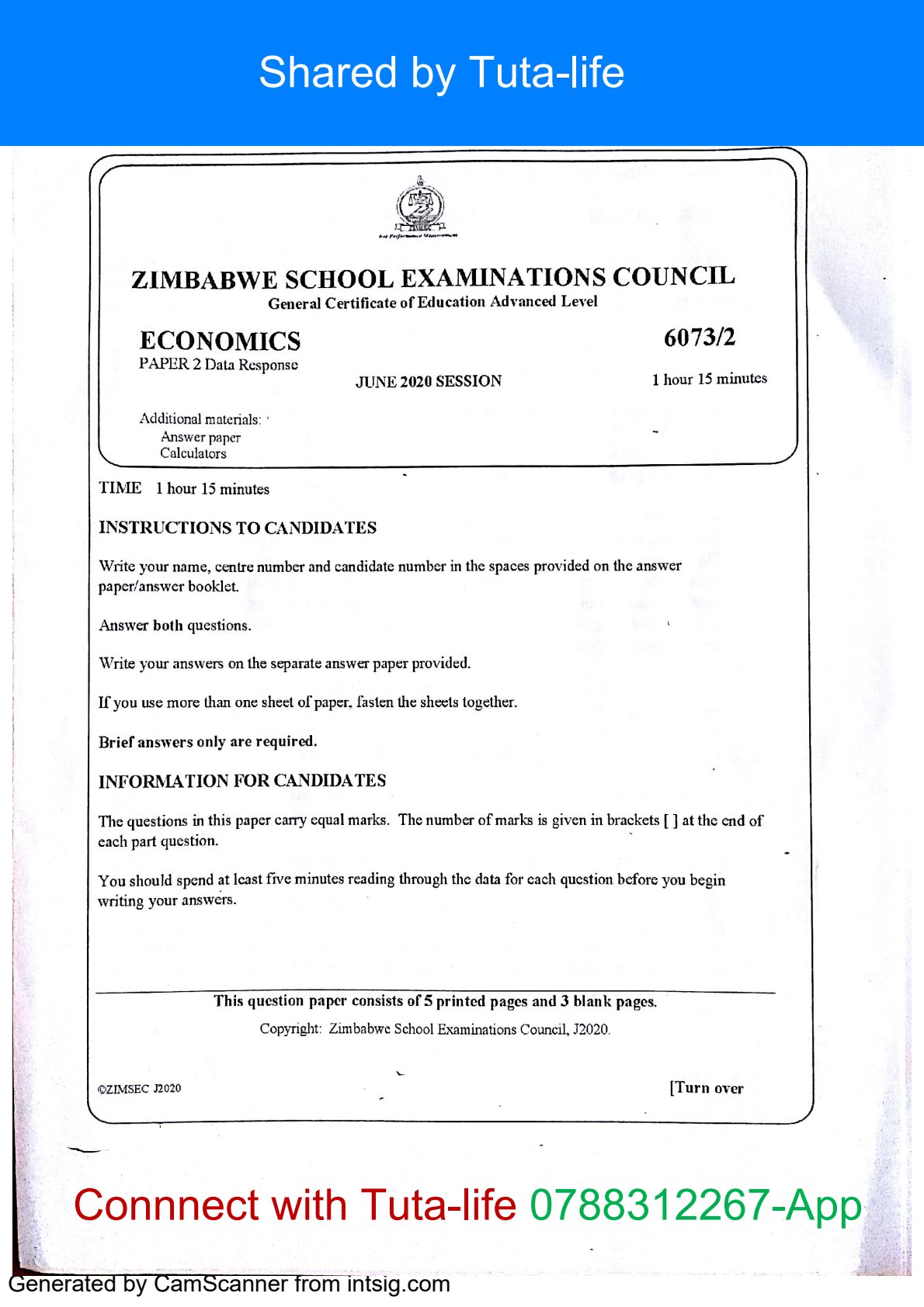 First page of ZIMSEC A-Level Economics Paper 2 June 2020 Question Paper