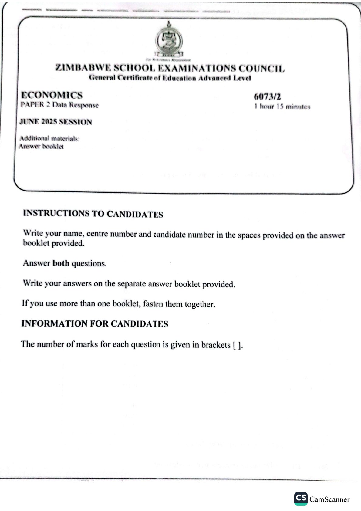 First page of ZIMSEC A-Level Economics Paper 2 June 2025 Question Paper