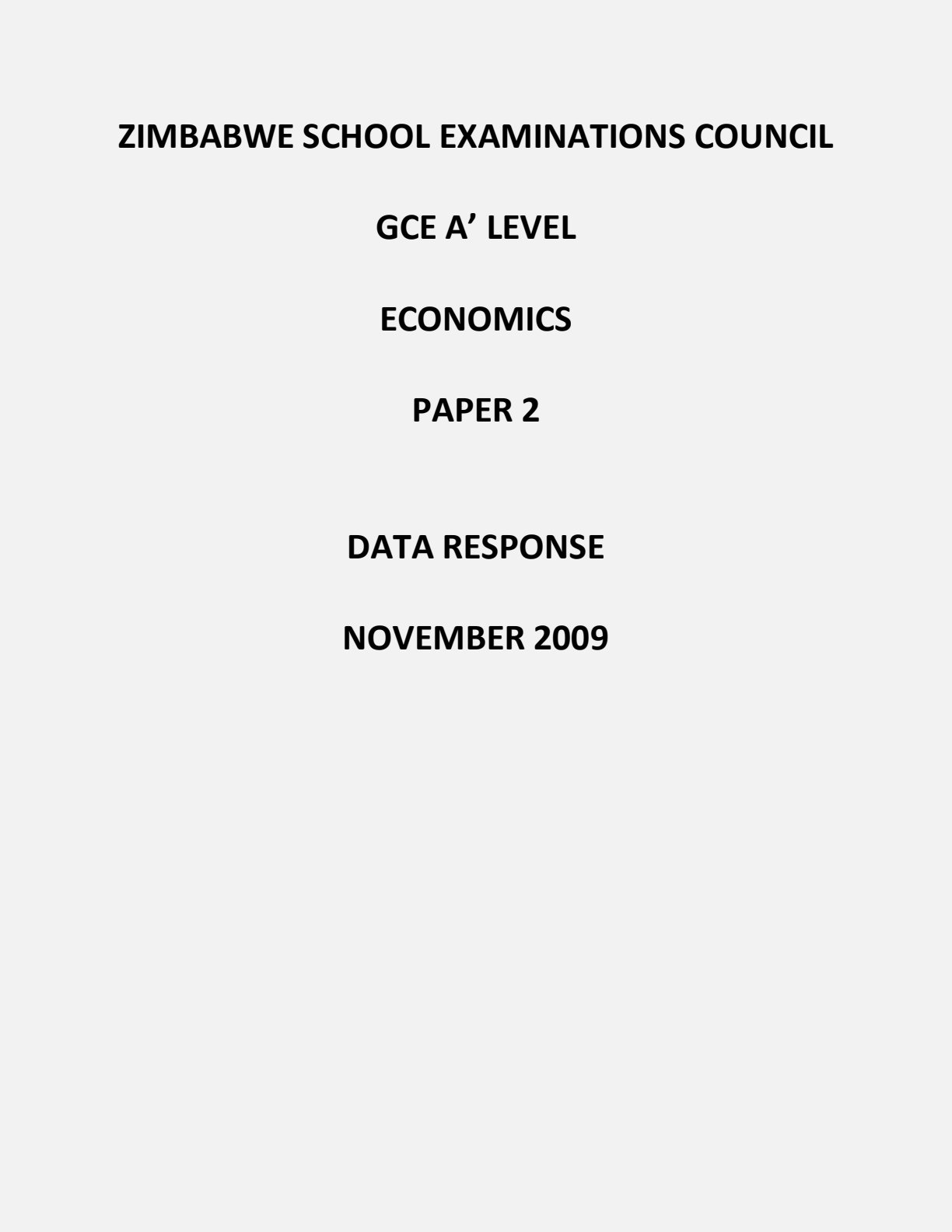 First page of ZIMSEC A-Level Economics Paper 2 November 2009 Question Paper
