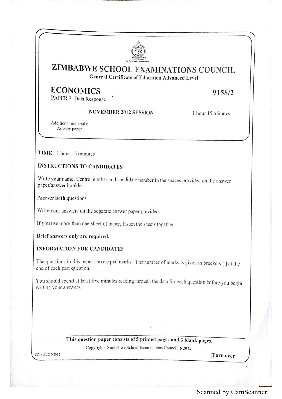 First page of ZIMSEC A-Level Economics Paper 2 November 2012 Question Paper