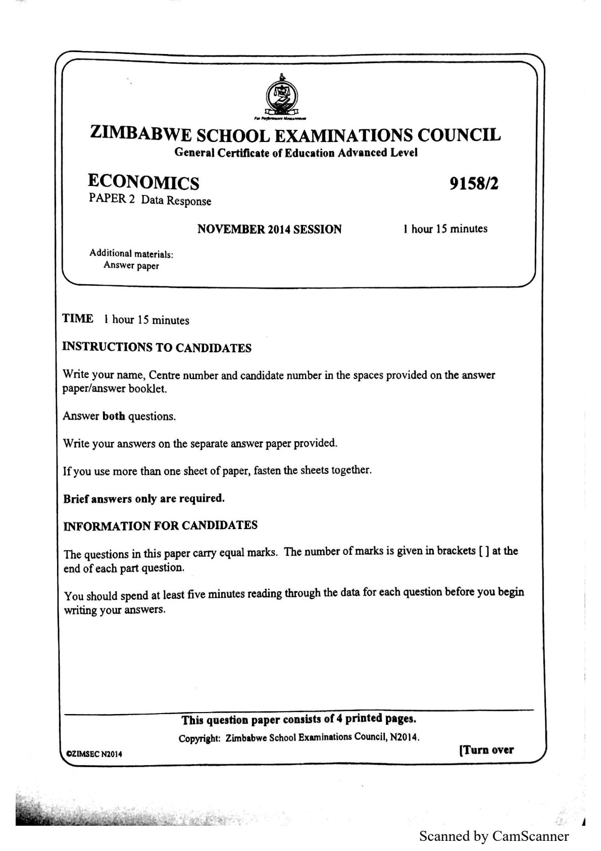 First page of ZIMSEC A-Level Economics Paper 2 November 2014 Question Paper