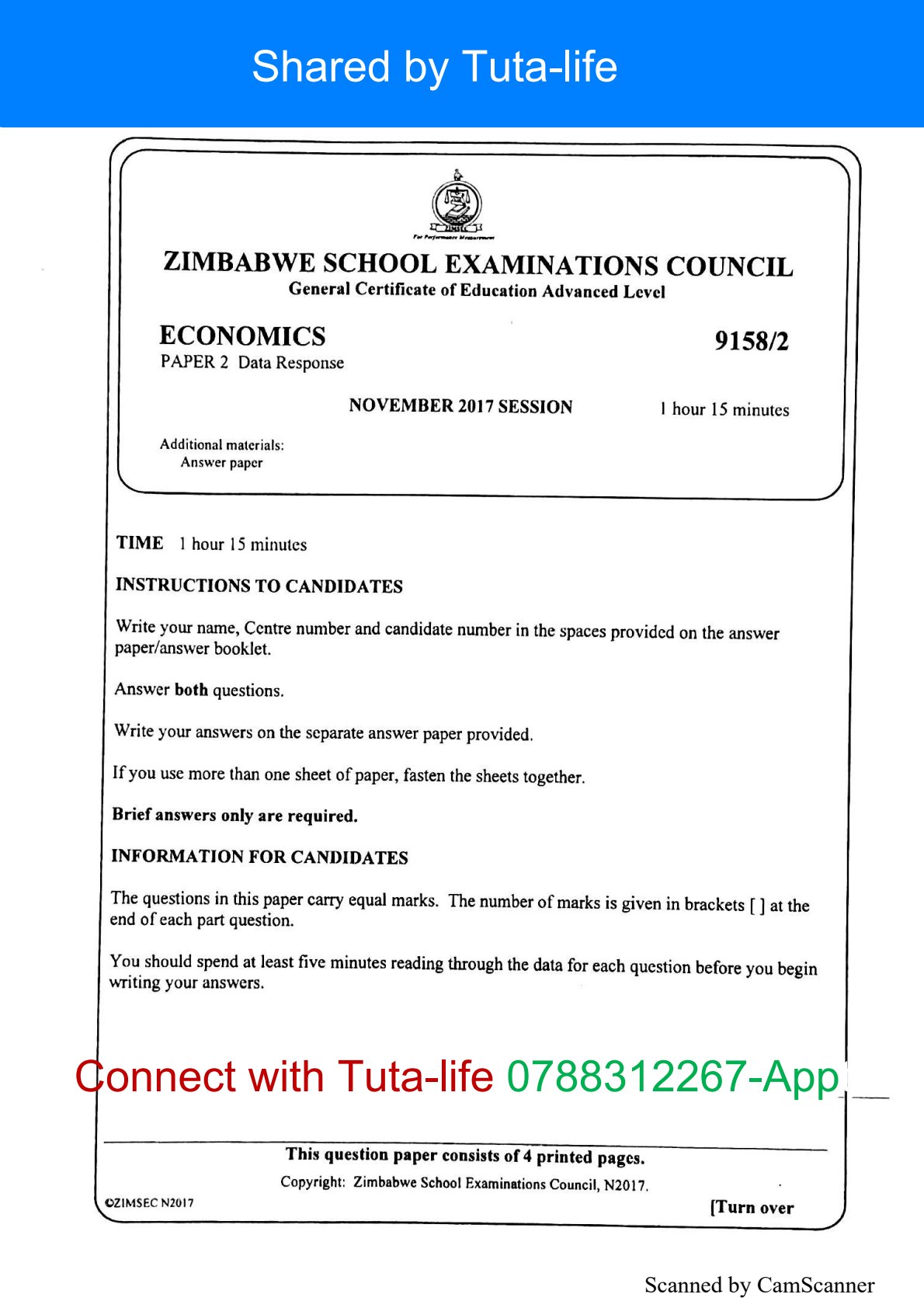 First page of ZIMSEC A-Level Economics Paper 2 November 2017 Question Paper
