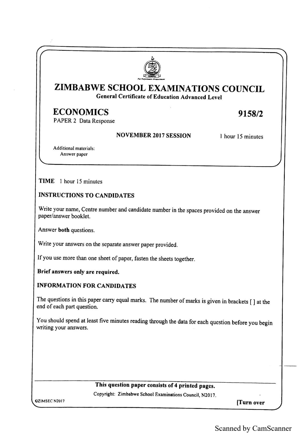 First page of ZIMSEC A-Level Economics Paper 2 November 2017 Question Paper