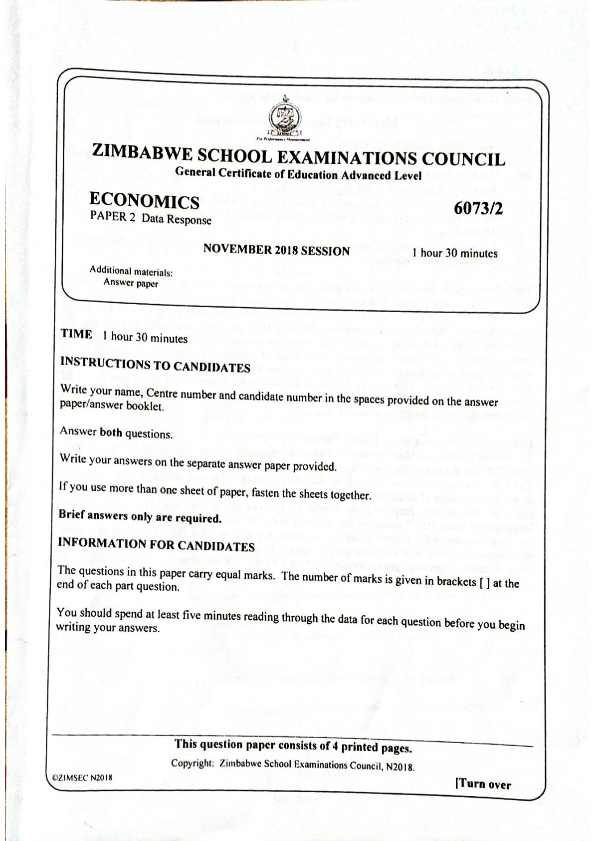First page of ZIMSEC A-Level Economics Paper 2 November 2018 Question Paper