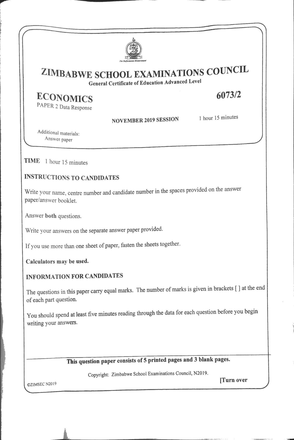 First page of ZIMSEC A-Level Economics Paper 2 November 2019 Question Paper