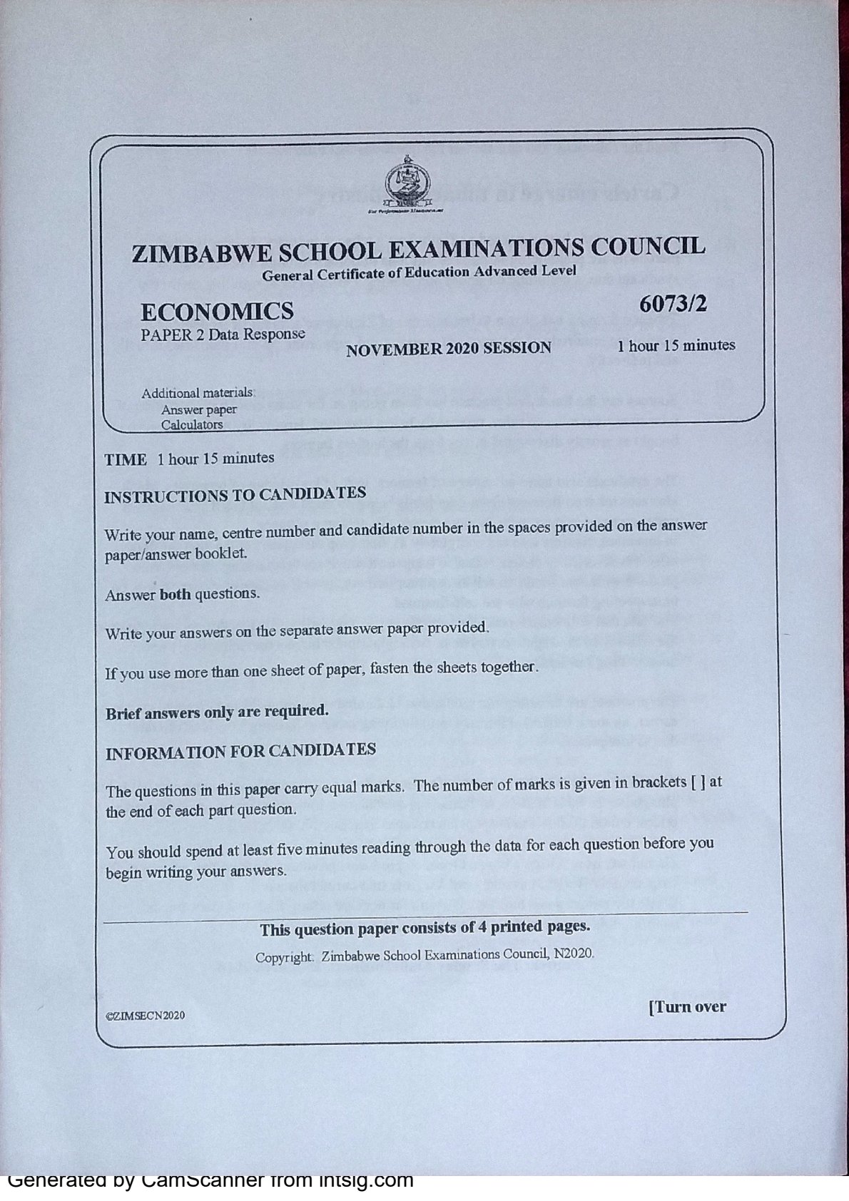 First page of ZIMSEC A-Level Economics Paper 2 November 2020 Question Paper