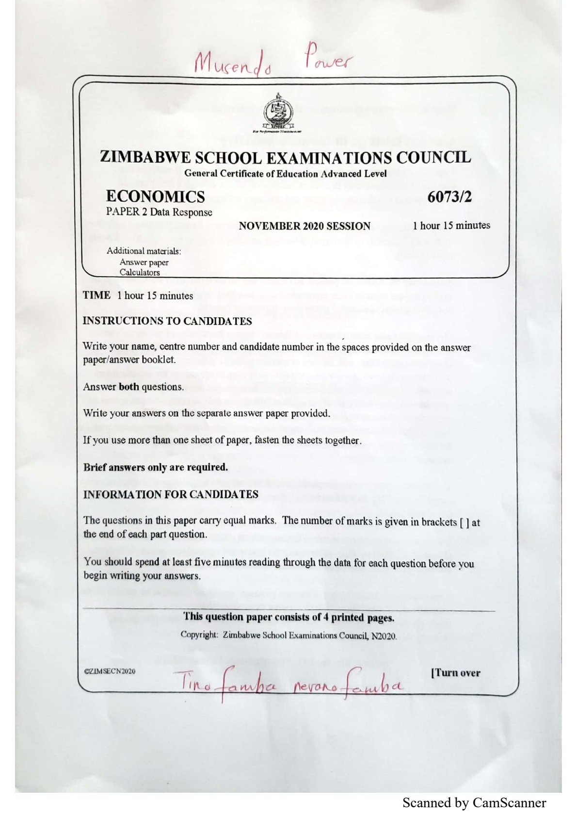 First page of ZIMSEC A-Level Economics Paper 2 November 2020 Question Paper