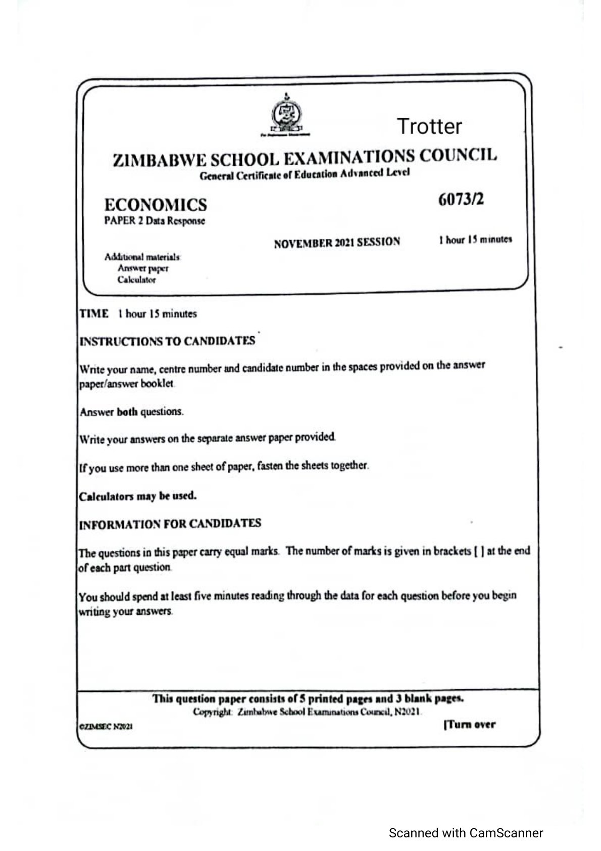 First page of ZIMSEC A-Level Economics Paper 2 November 2021 Question Paper