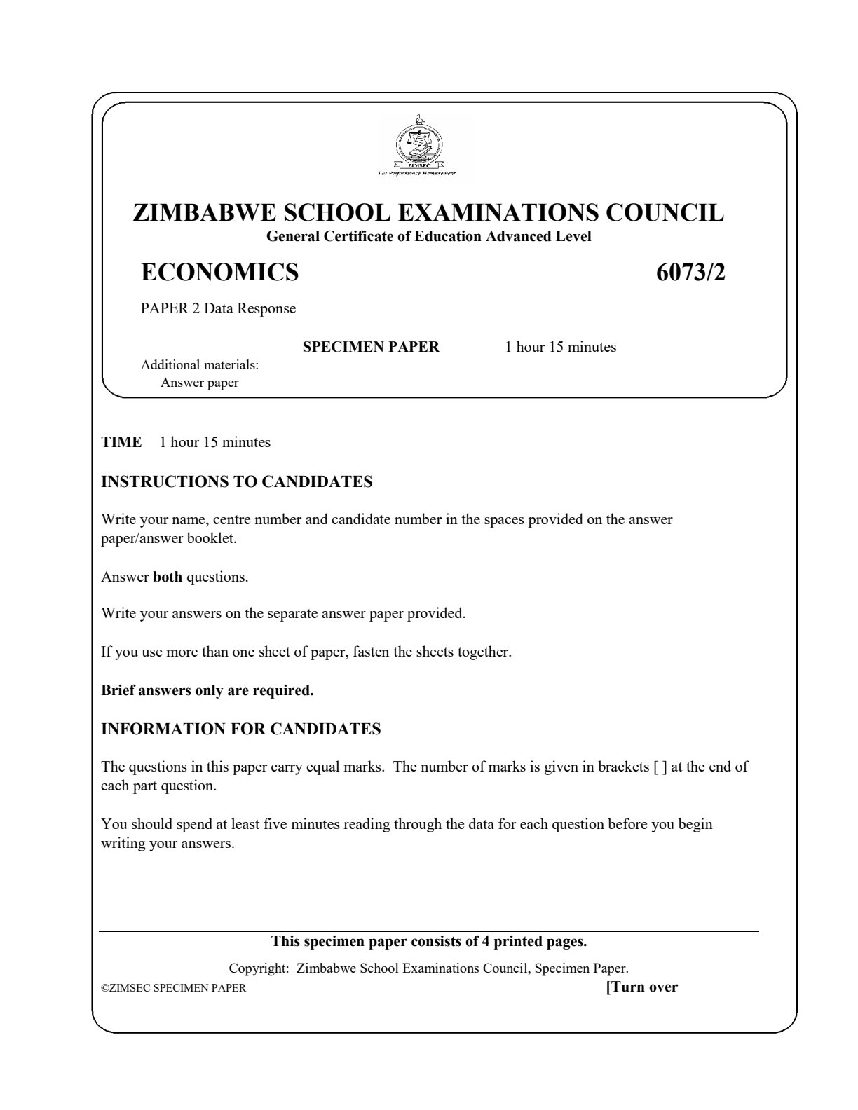 First page of ZIMSEC A-Level Economics Paper 2 Question Paper