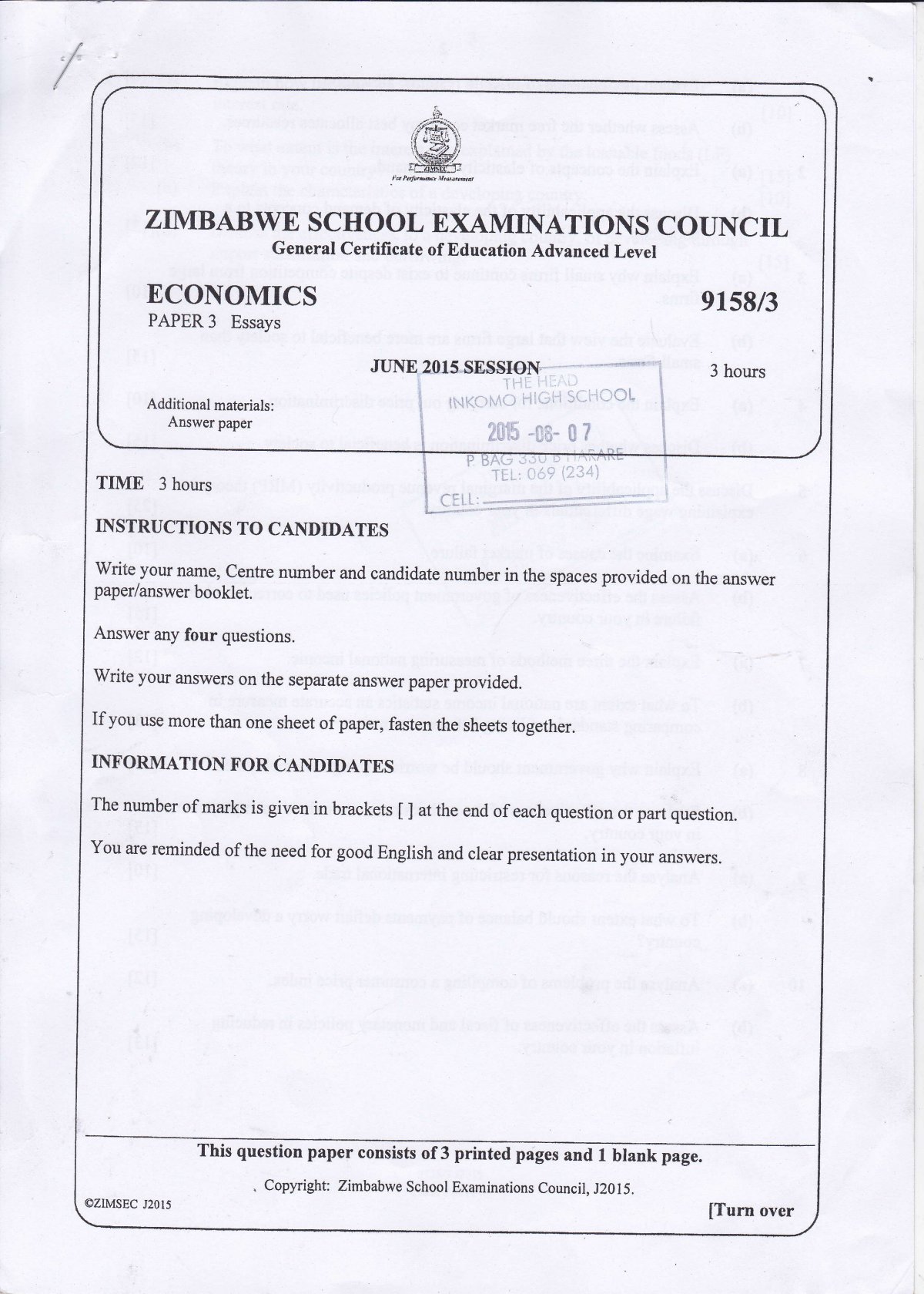 First page of ZIMSEC A-Level Economics Paper 3 June 2015 Question Paper