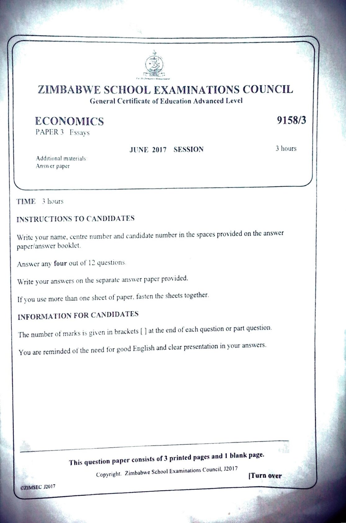 First page of ZIMSEC A-Level Economics Paper 3 June 2017 Question Paper