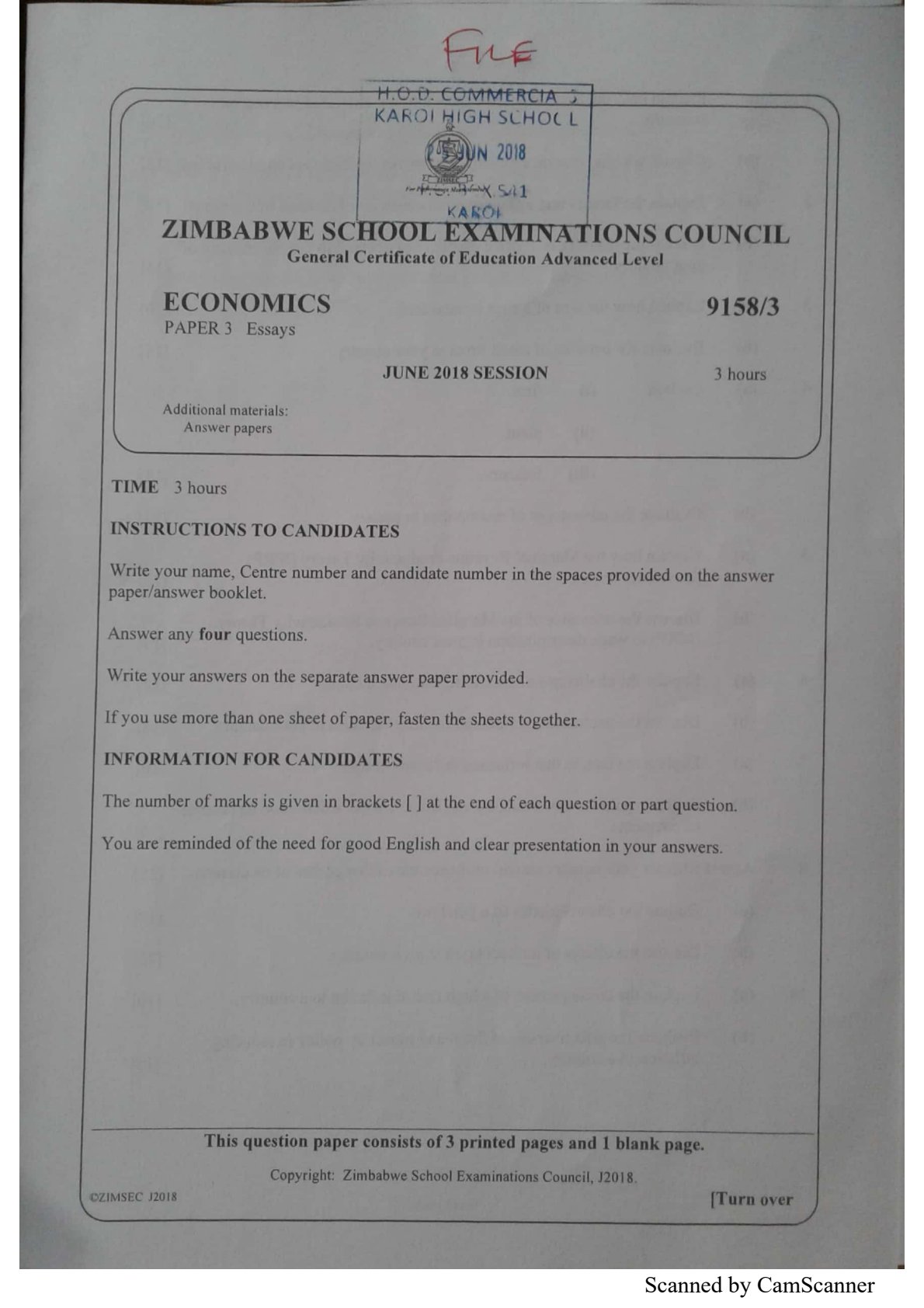 First page of ZIMSEC A-Level Economics Paper 3 June 2018 Question Paper