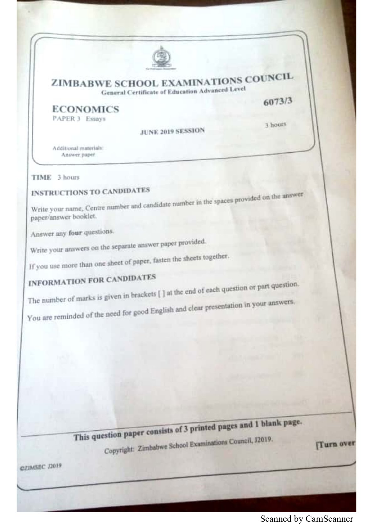 First page of ZIMSEC A-Level Economics Paper 3 June 2019 Question Paper