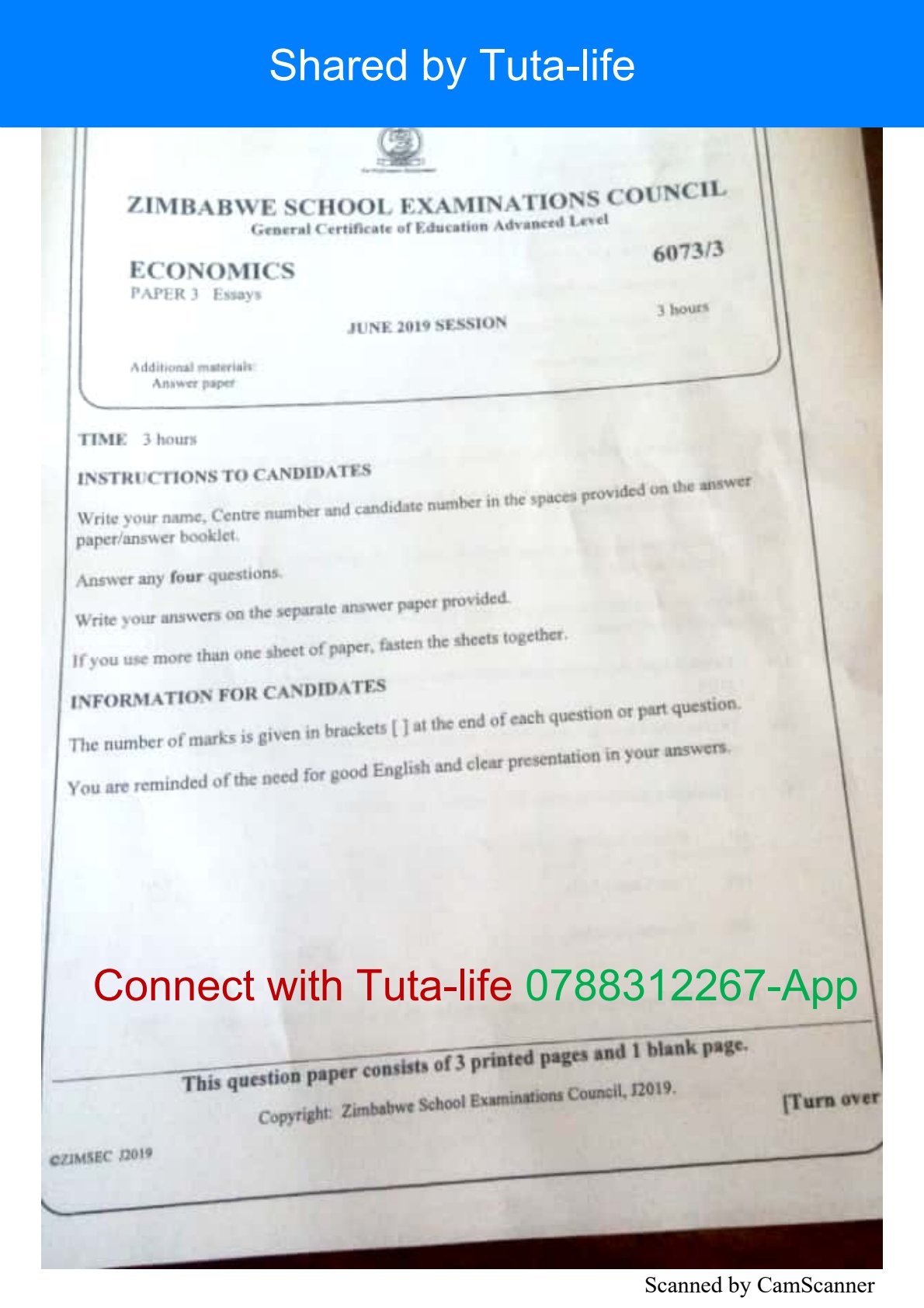 First page of ZIMSEC A-Level Economics Paper 3 June 2019 Question Paper