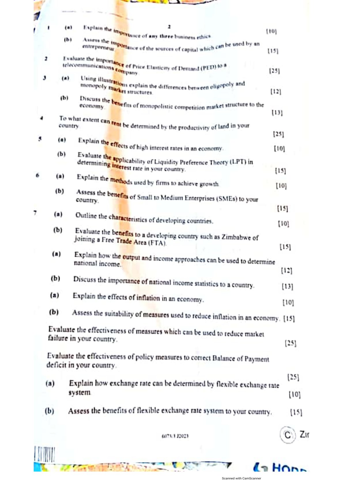 First page of ZIMSEC A-Level Economics Paper 3 June 2023 Question Paper