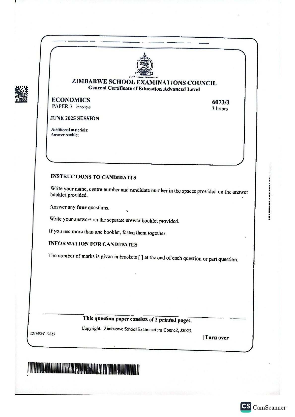 First page of ZIMSEC A-Level Economics Paper 3 June 2025 Question Paper