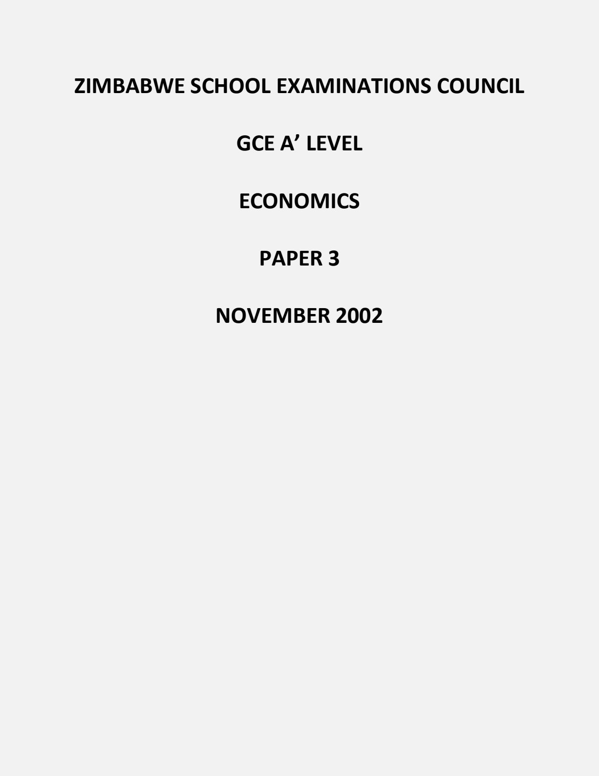First page of ZIMSEC A-Level Economics Paper 3 November 2002 Question Paper