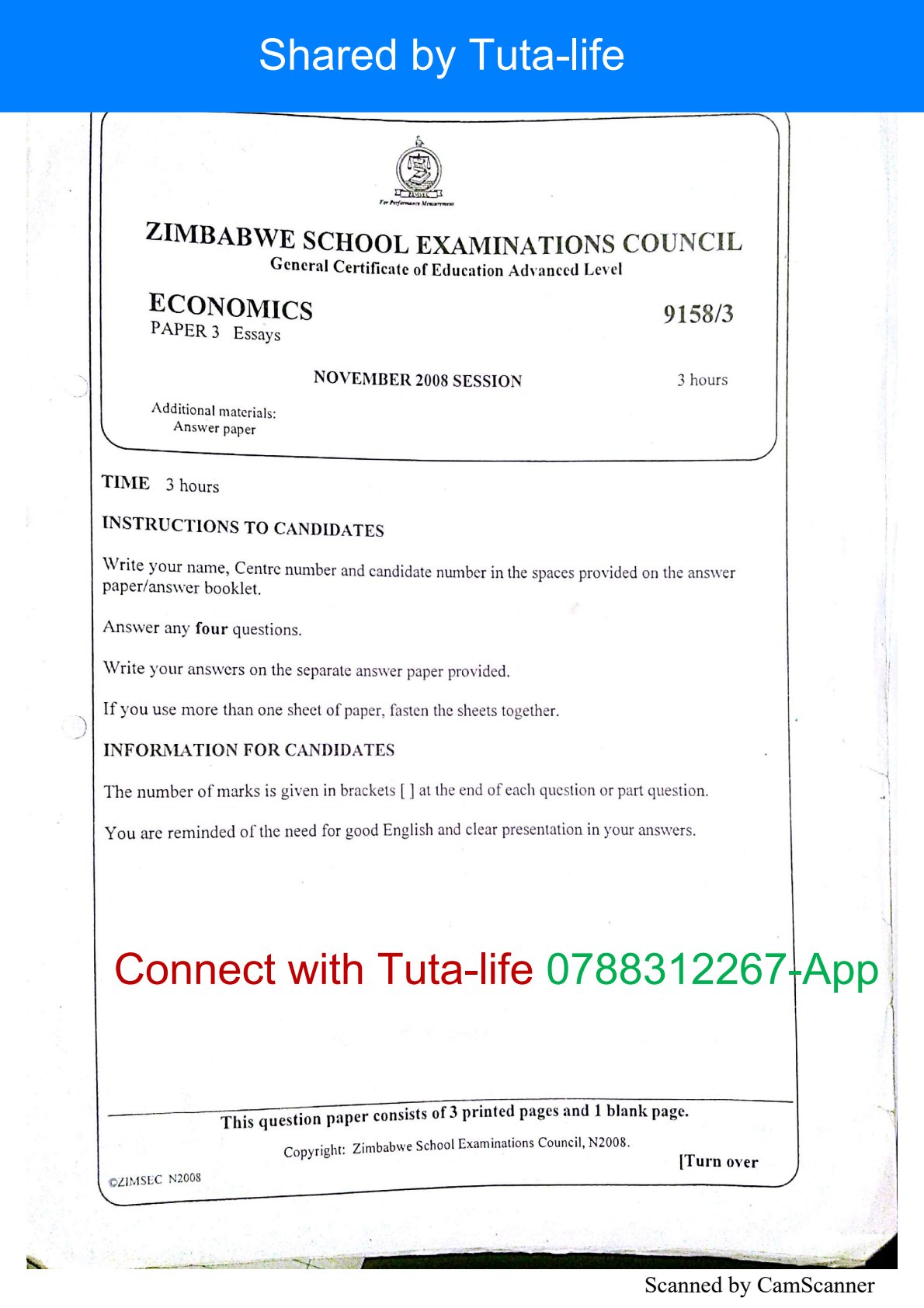 First page of ZIMSEC A-Level Economics Paper 3 November 2008 Question Paper