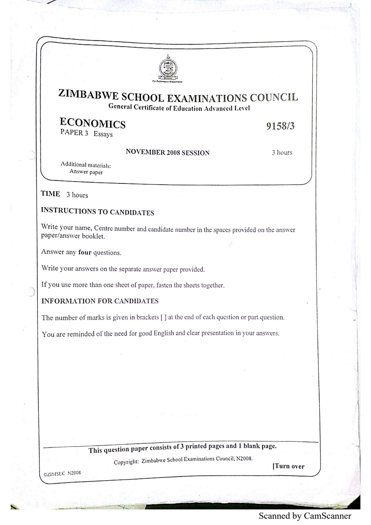 First page of ZIMSEC A-Level Economics Paper 3 November 2008 Question Paper